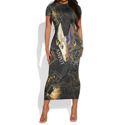 Anput Jackal Mask Short Sleeve Bodycon Dress with Full Moon Egyptian Afterlife Symbolism