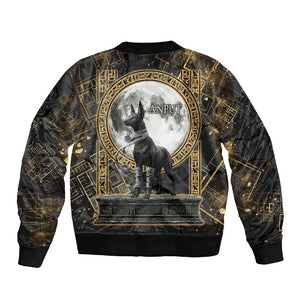 Anput Jackal Mask Sleeve Zip Bomber Jacket with Full Moon Egyptian Afterlife Symbolism