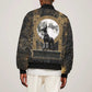 Anput Jackal Mask Sleeve Zip Bomber Jacket with Full Moon Egyptian Afterlife Symbolism