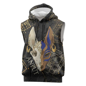 Anput Jackal Mask Sleeveless Hoodie with Full Moon Egyptian Afterlife Symbolism