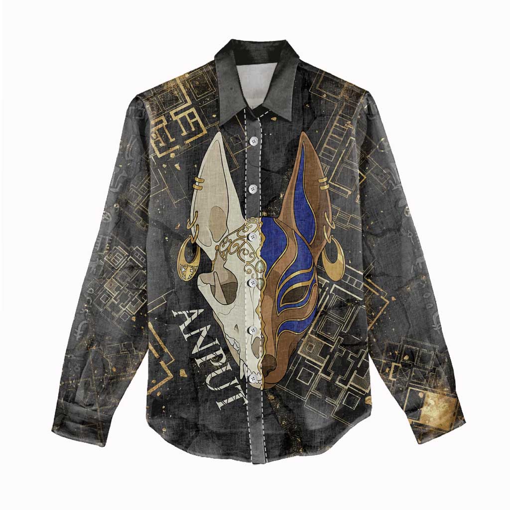 Anput Jackal Mask Women Casual Shirt with Full Moon Egyptian Afterlife Symbolism