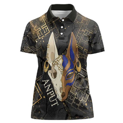 Anput Jackal Mask Women Polo Shirt with Full Moon Egyptian Afterlife Symbolism