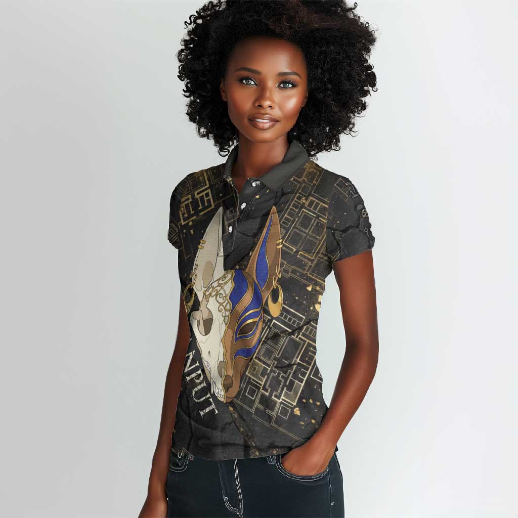 Anput Jackal Mask Women Polo Shirt with Full Moon Egyptian Afterlife Symbolism