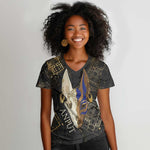 Anput Jackal Mask Women V-Neck T-Shirt with Full Moon Egyptian Afterlife Symbolism