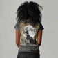 Anput Jackal Mask Women V-Neck T-Shirt with Full Moon Egyptian Afterlife Symbolism