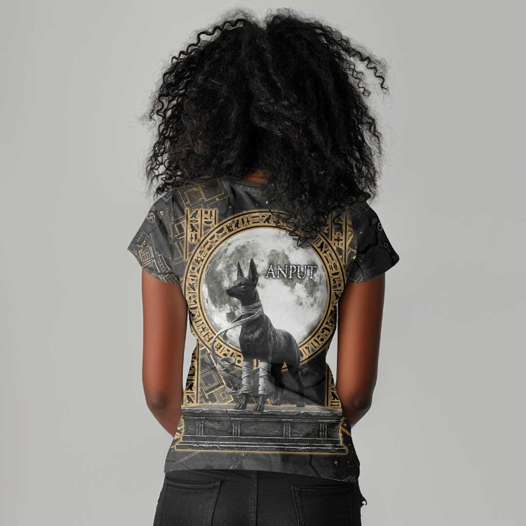 Anput Jackal Mask Women V-Neck T-Shirt with Full Moon Egyptian Afterlife Symbolism