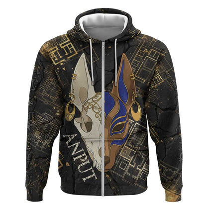 Anput Jackal Mask Zip Hoodie with Full Moon Egyptian Afterlife Symbolism