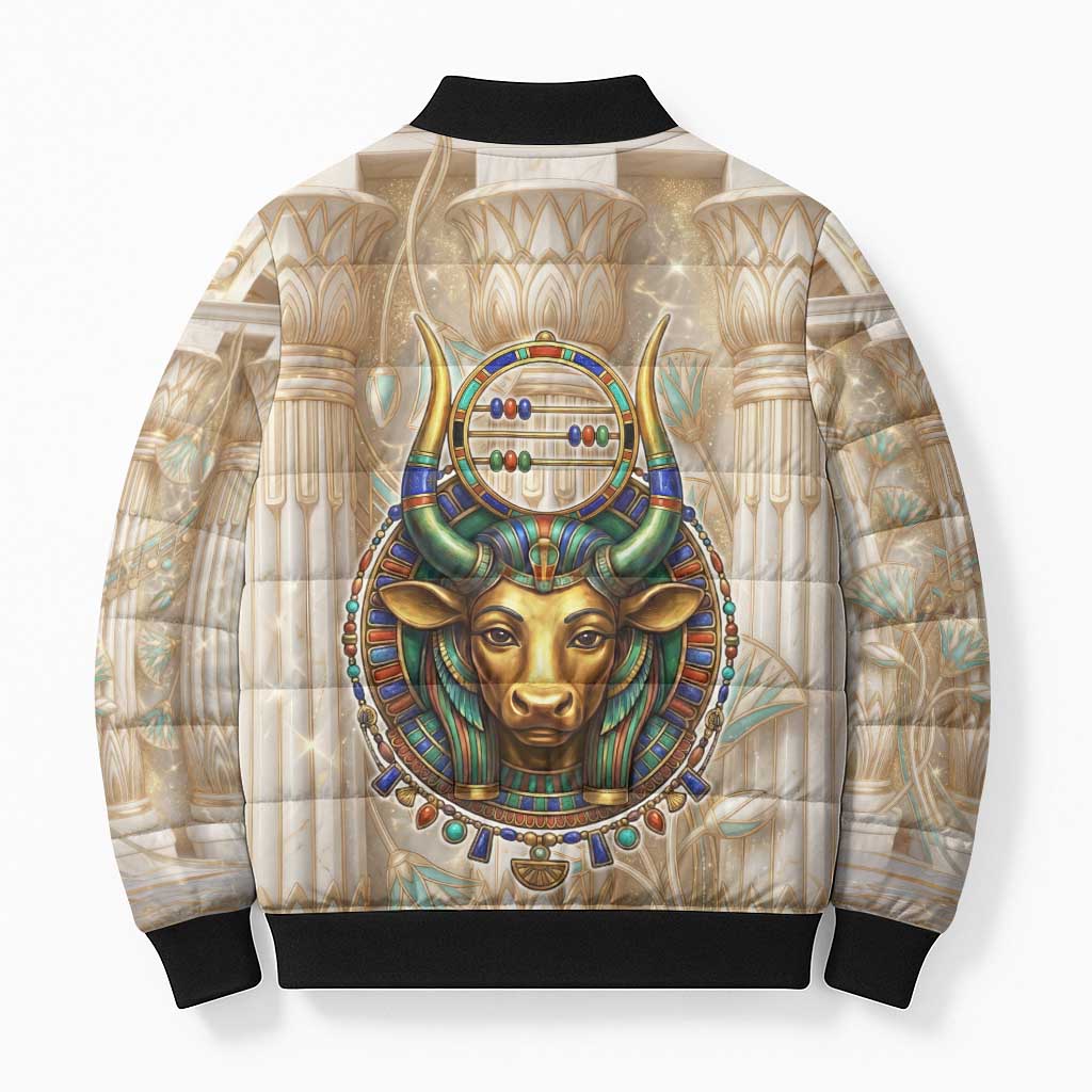 Hathor Bomber Puffer Jacket with Sacred Cow Head Egyptian Fertility Symbolism
