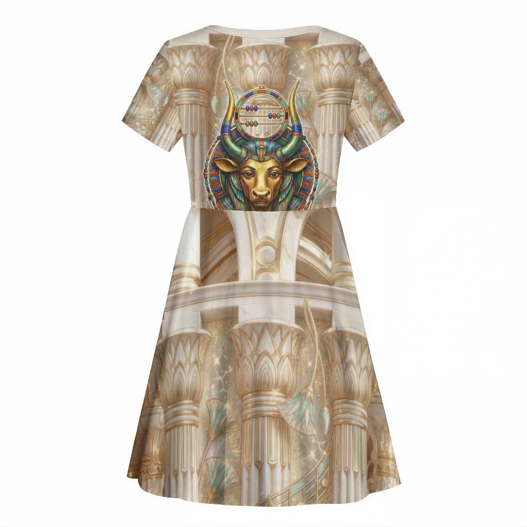 Hathor Kid Short Sleeve Dress with Sacred Cow Head Egyptian Fertility Symbolism