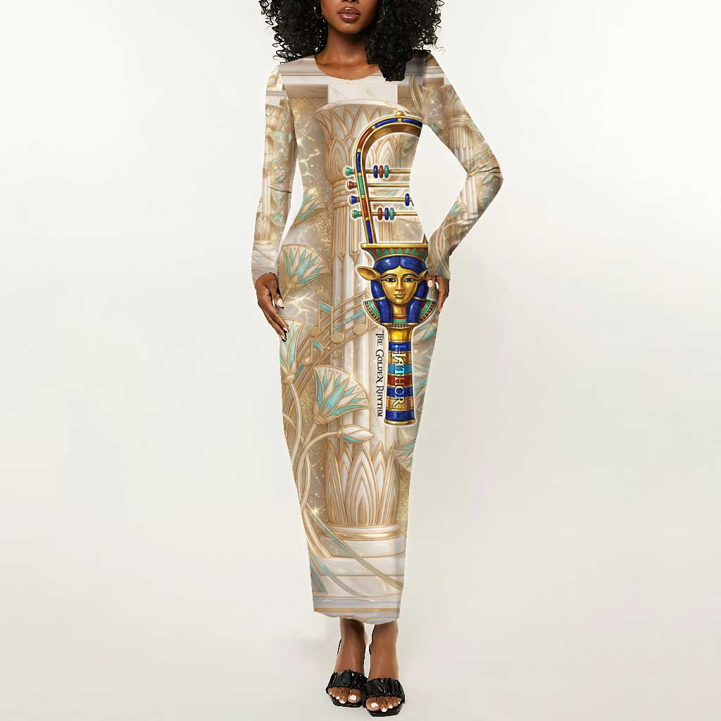 Hathor Long Sleeve Bodycon Dress with Sacred Cow Head Egyptian Fertility Symbolism