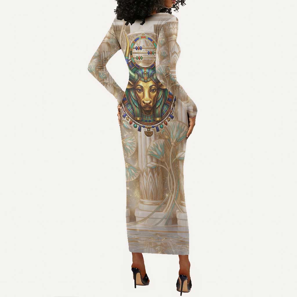 Hathor Long Sleeve Bodycon Dress with Sacred Cow Head Egyptian Fertility Symbolism