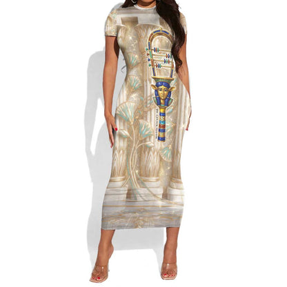 Hathor Short Sleeve Bodycon Dress with Sacred Cow Head Egyptian Fertility Symbolism