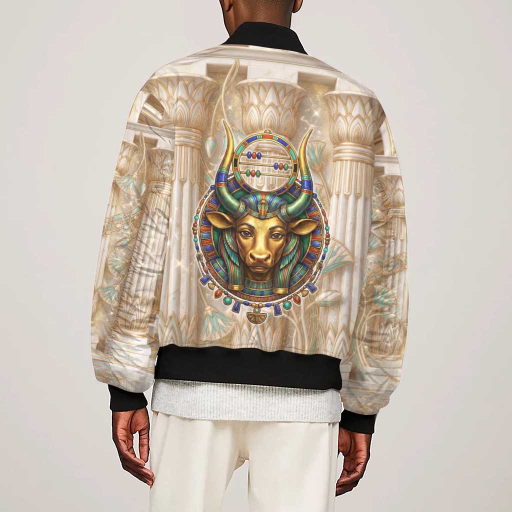 Hathor Sleeve Zip Bomber Jacket with Sacred Cow Head Egyptian Fertility Symbolism