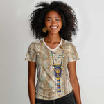 Hathor Women V-Neck T-Shirt with Sacred Cow Head Egyptian Fertility Symbolism