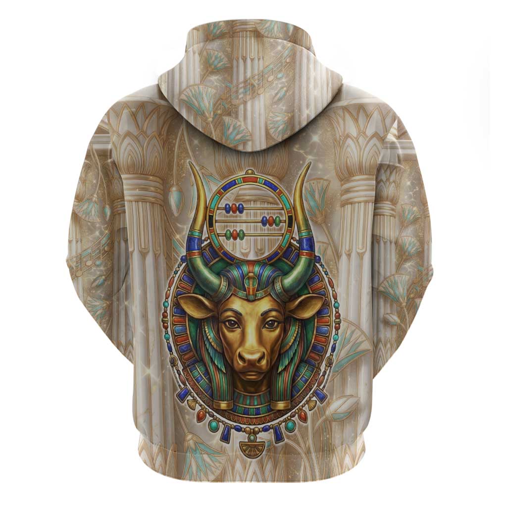 Hathor Zip Hoodie with Sacred Cow Head Egyptian Fertility Symbolism