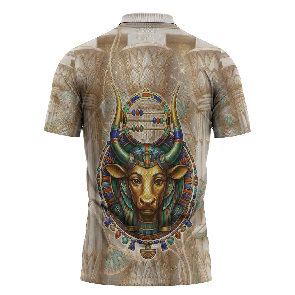 Hathor Zipper Polo Shirt with Sacred Cow Head Egyptian Fertility Symbolism