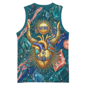 Hathor Golden Sacred Heart Egyptian Basketball Jersey with Gemstone Pattern in Turquoise Theme