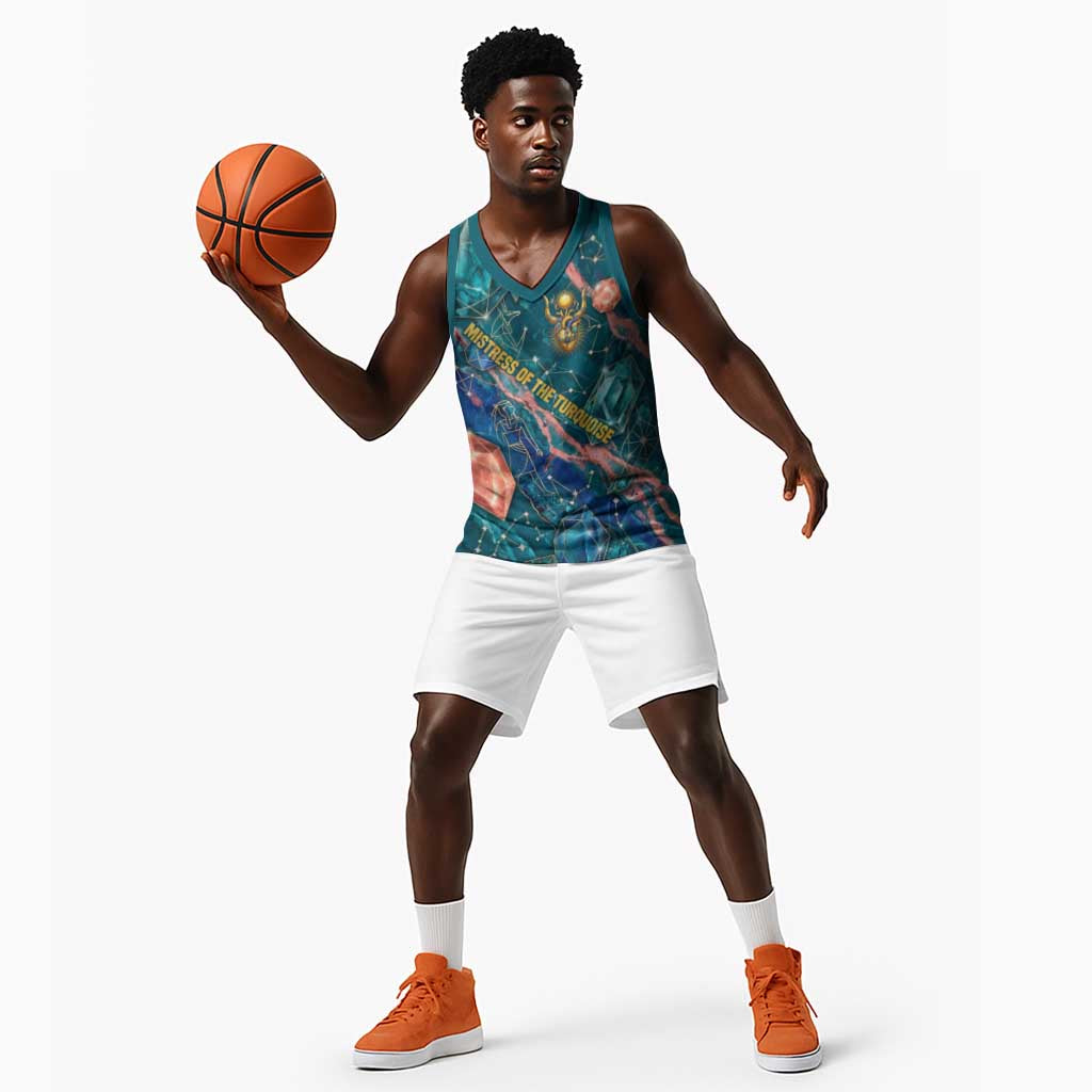 Hathor Golden Sacred Heart Egyptian Basketball Jersey with Gemstone Pattern in Turquoise Theme