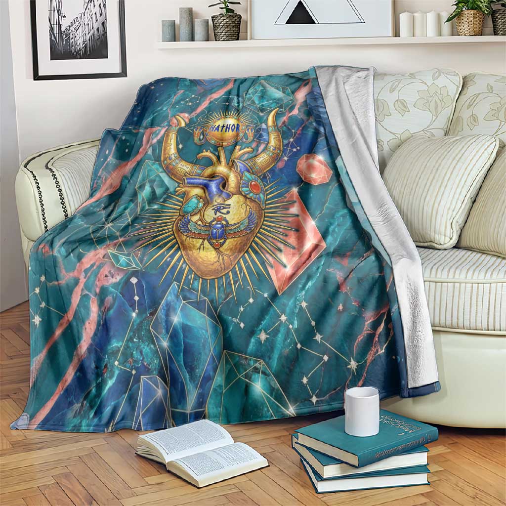 Hathor Golden Sacred Heart Egyptian Blanket with Gemstone Pattern in Turquoise Theme