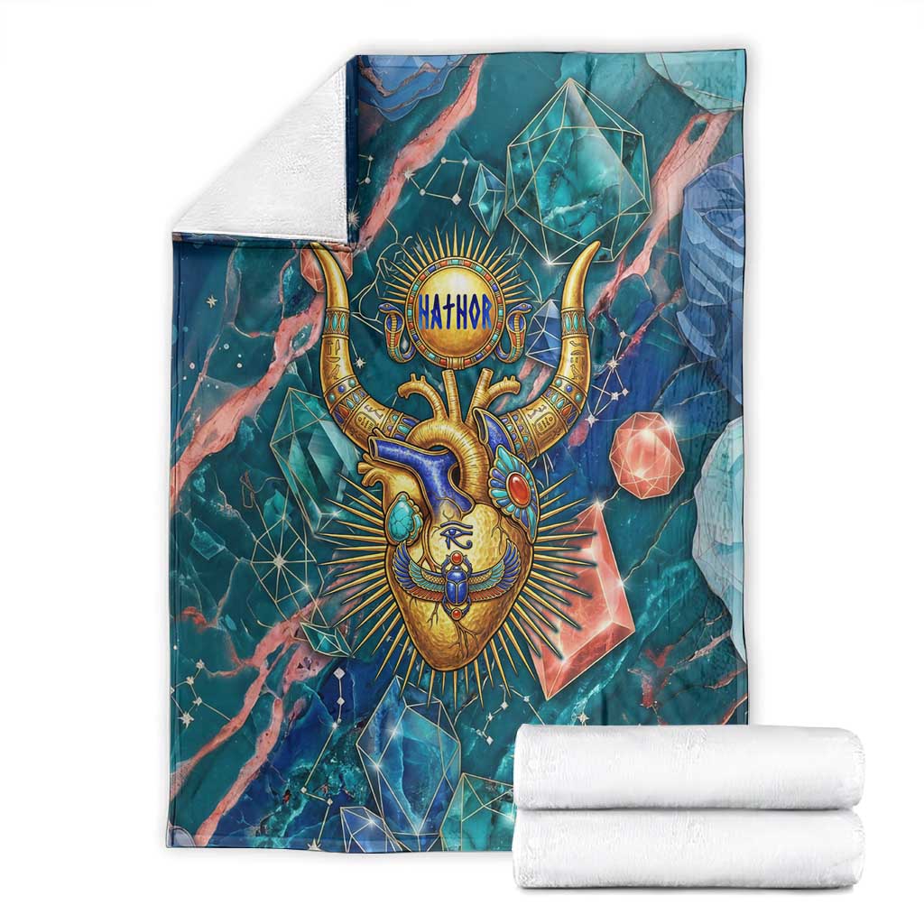 Hathor Golden Sacred Heart Egyptian Blanket with Gemstone Pattern in Turquoise Theme
