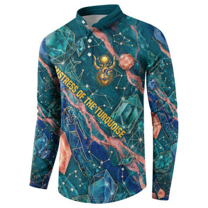 Hathor Golden Sacred Heart Egyptian Button Sweatshirt with Gemstone Pattern in Turquoise Theme