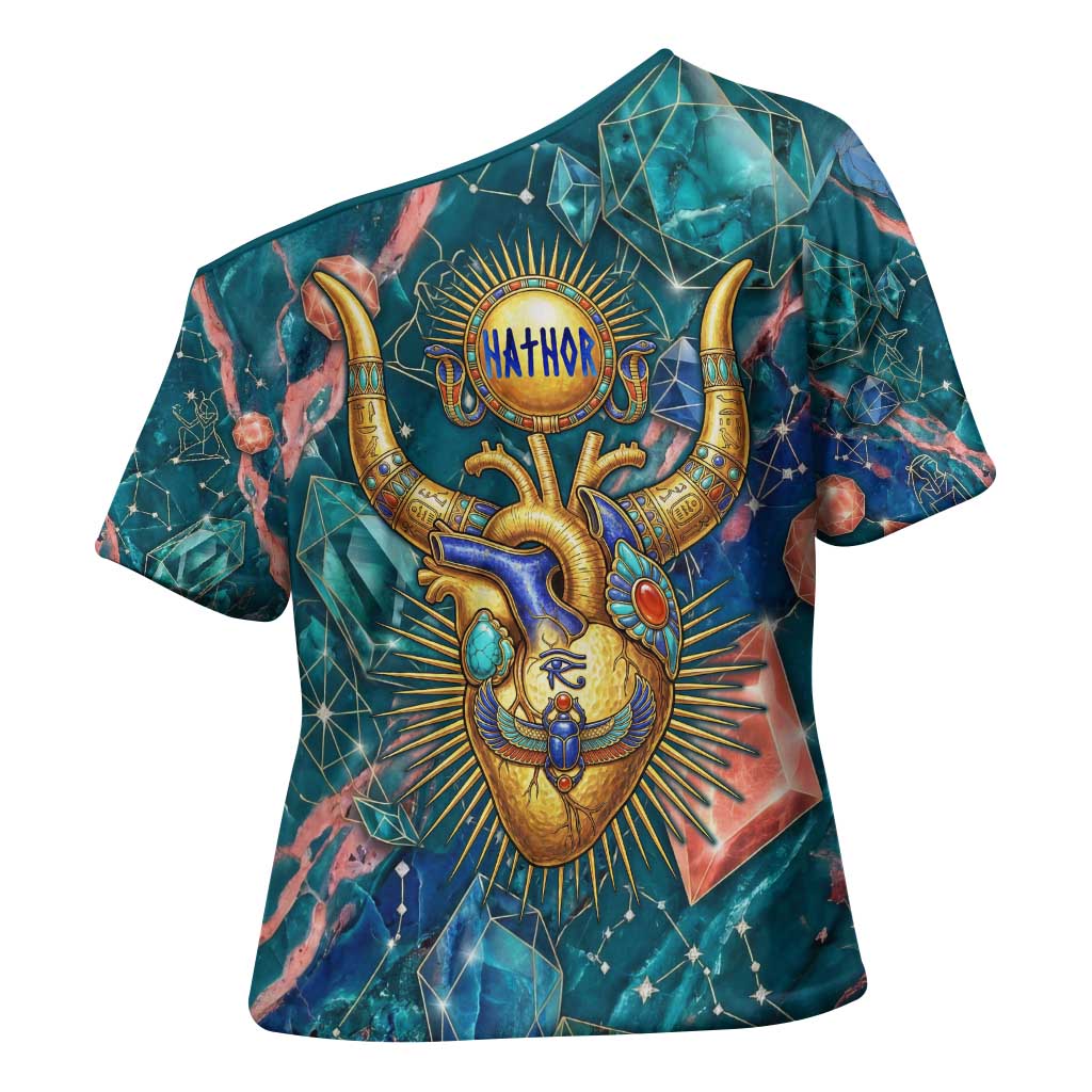 Hathor Golden Sacred Heart Egyptian Cross Shoulder Shirt with Gemstone Pattern in Turquoise Theme