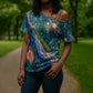 Hathor Golden Sacred Heart Egyptian Cross Shoulder Shirt with Gemstone Pattern in Turquoise Theme