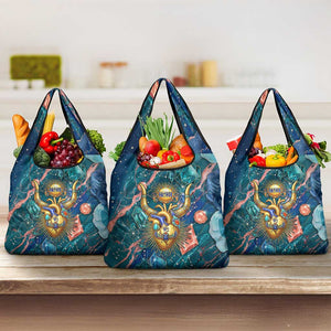 Hathor Golden Sacred Heart Egyptian Grocery Bag with Gemstone Pattern in Turquoise Theme