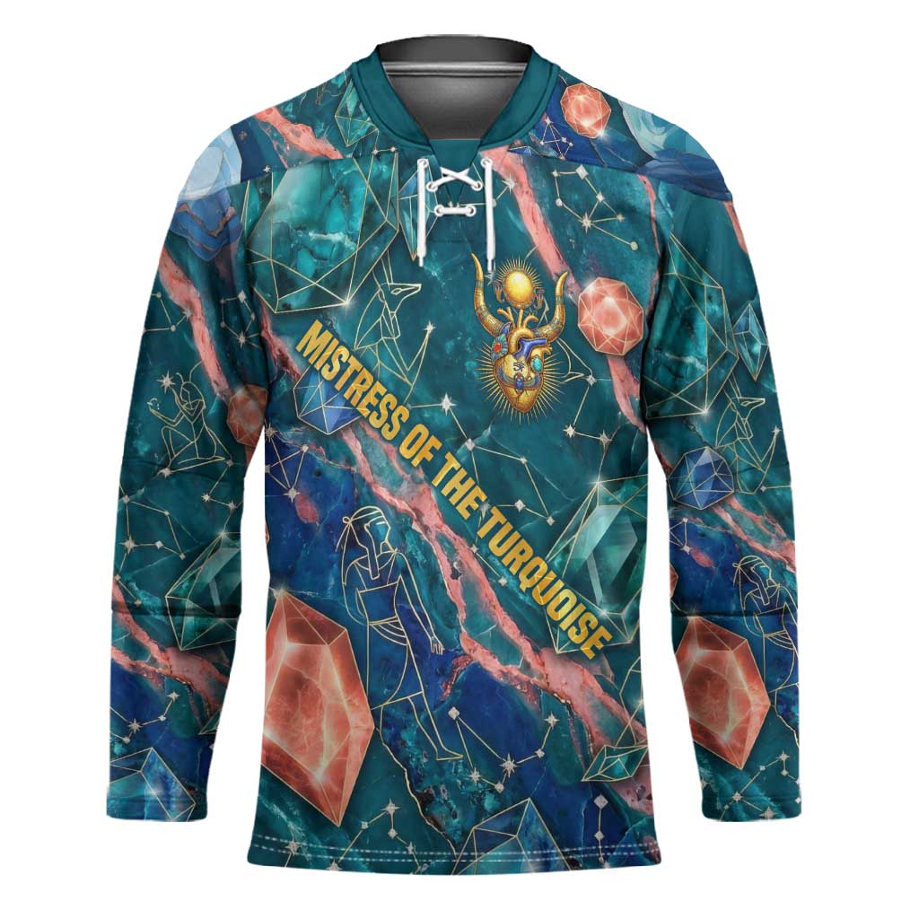 Hathor Golden Sacred Heart Egyptian Hockey Jersey with Gemstone Pattern in Turquoise Theme