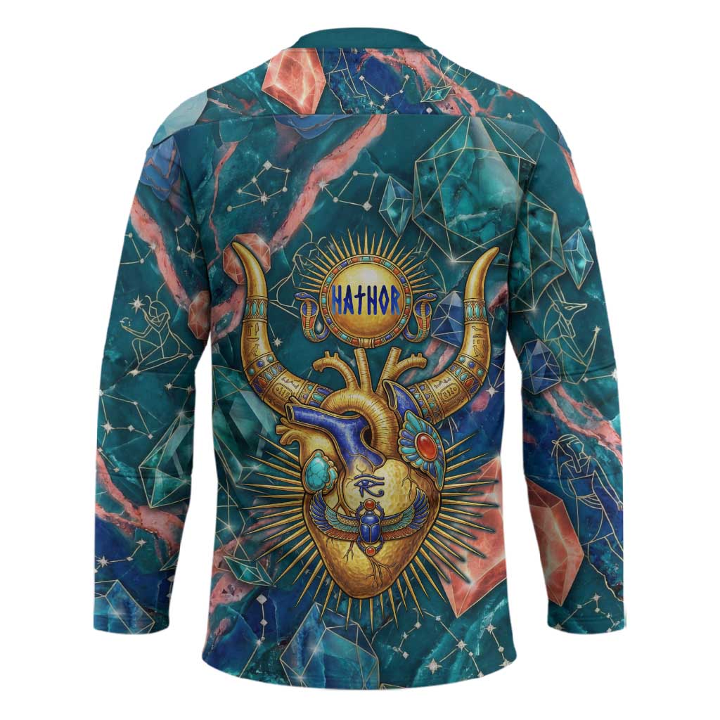 Hathor Golden Sacred Heart Egyptian Hockey Jersey with Gemstone Pattern in Turquoise Theme