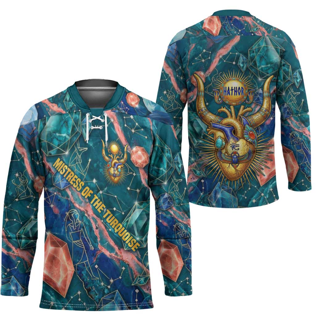 Hathor Golden Sacred Heart Egyptian Hockey Jersey with Gemstone Pattern in Turquoise Theme