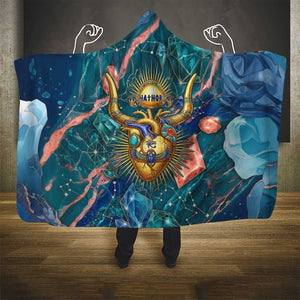 Hathor Golden Sacred Heart Egyptian Hooded Blanket with Gemstone Pattern in Turquoise Theme