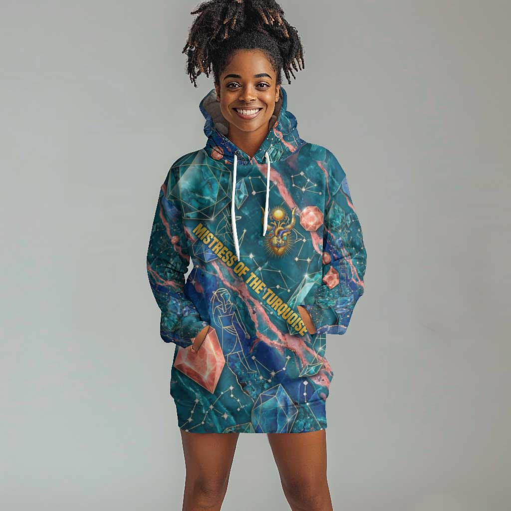 Hathor Golden Sacred Heart Egyptian Hoodie Dress with Gemstone Pattern in Turquoise Theme