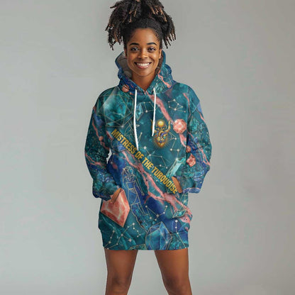 Hathor Golden Sacred Heart Egyptian Hoodie Dress with Gemstone Pattern in Turquoise Theme