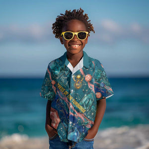Hathor Golden Sacred Heart Egyptian Kid Hawaiian Shirt with Gemstone Pattern in Turquoise Theme