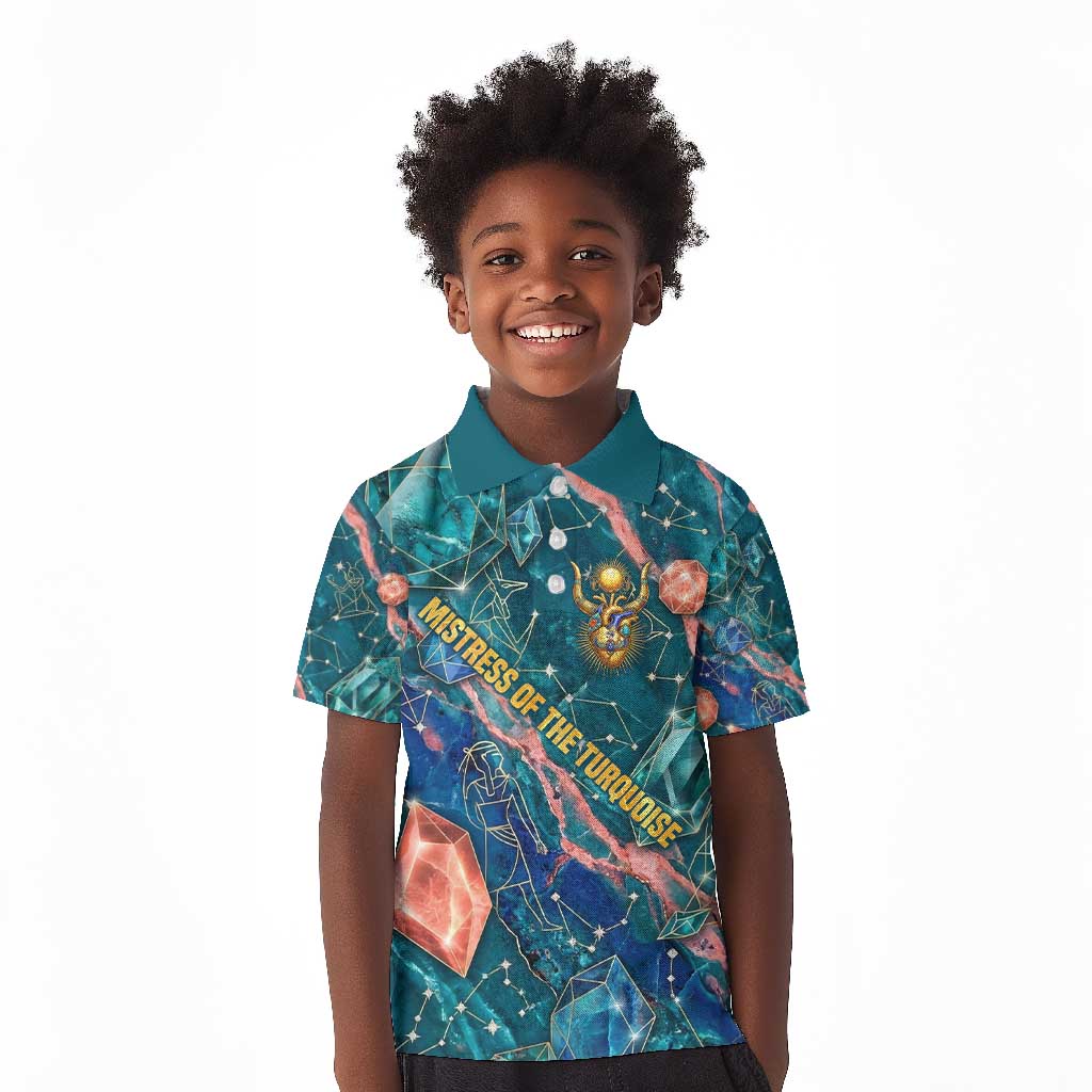 Hathor Golden Sacred Heart Egyptian Kid Polo Shirt with Gemstone Pattern in Turquoise Theme