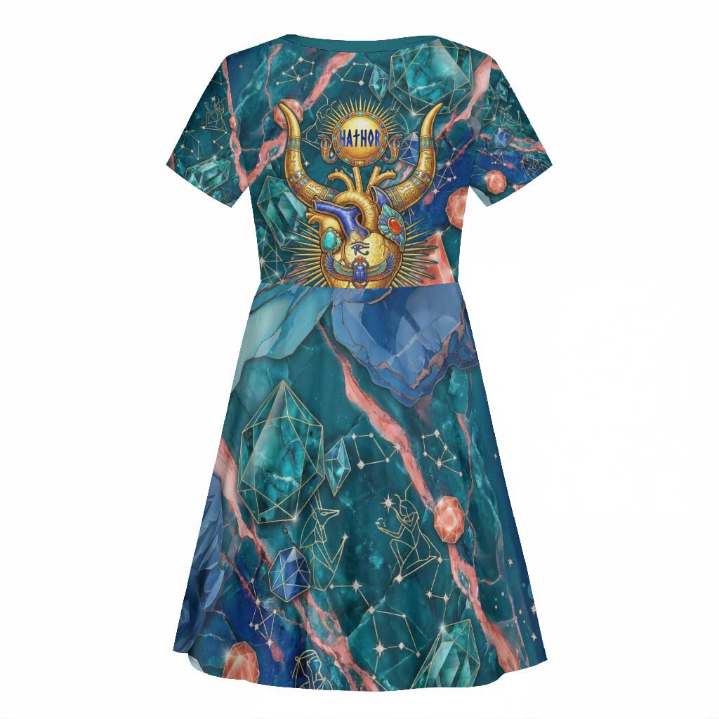 Hathor Golden Sacred Heart Egyptian Kid Short Sleeve Dress with Gemstone Pattern in Turquoise Theme