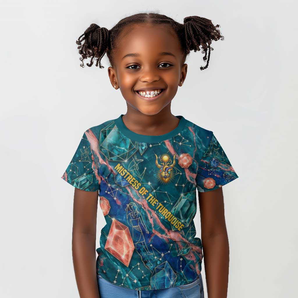 Hathor Golden Sacred Heart Egyptian Kid T shirt with Gemstone Pattern in Turquoise Theme