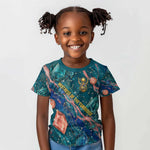 Hathor Golden Sacred Heart Egyptian Kid T shirt with Gemstone Pattern in Turquoise Theme