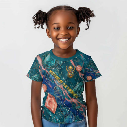 Hathor Golden Sacred Heart Egyptian Kid T shirt with Gemstone Pattern in Turquoise Theme
