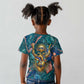 Hathor Golden Sacred Heart Egyptian Kid T shirt with Gemstone Pattern in Turquoise Theme