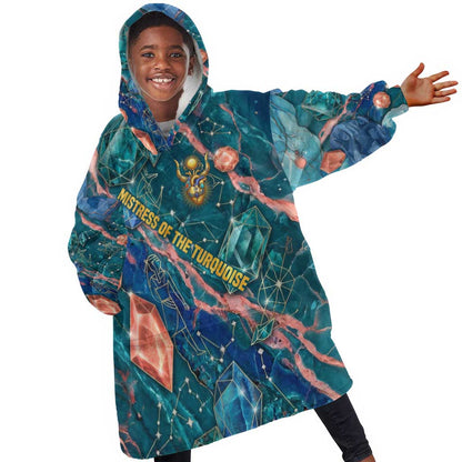 Hathor Golden Sacred Heart Egyptian Kid Wearable Blanket Hoodie with Gemstone Pattern in Turquoise Theme