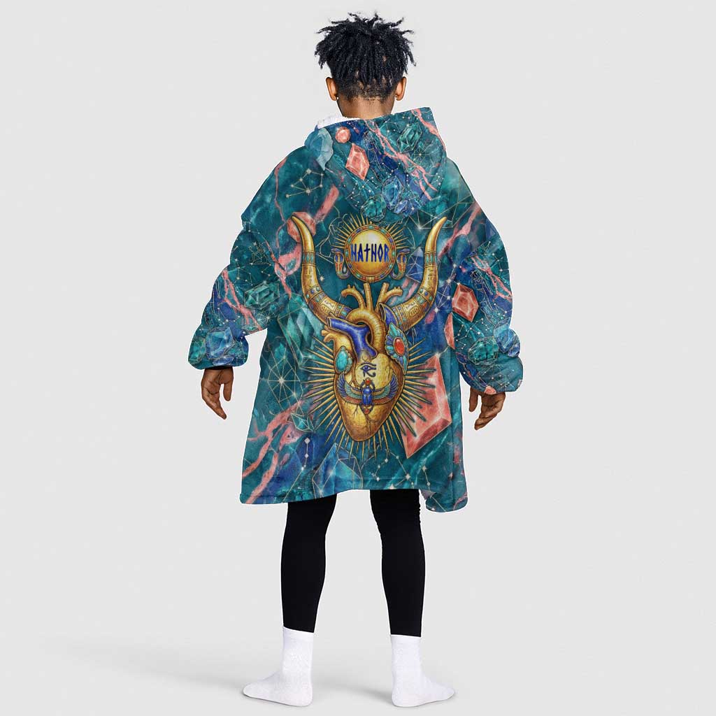 Hathor Golden Sacred Heart Egyptian Kid Wearable Blanket Hoodie with Gemstone Pattern in Turquoise Theme