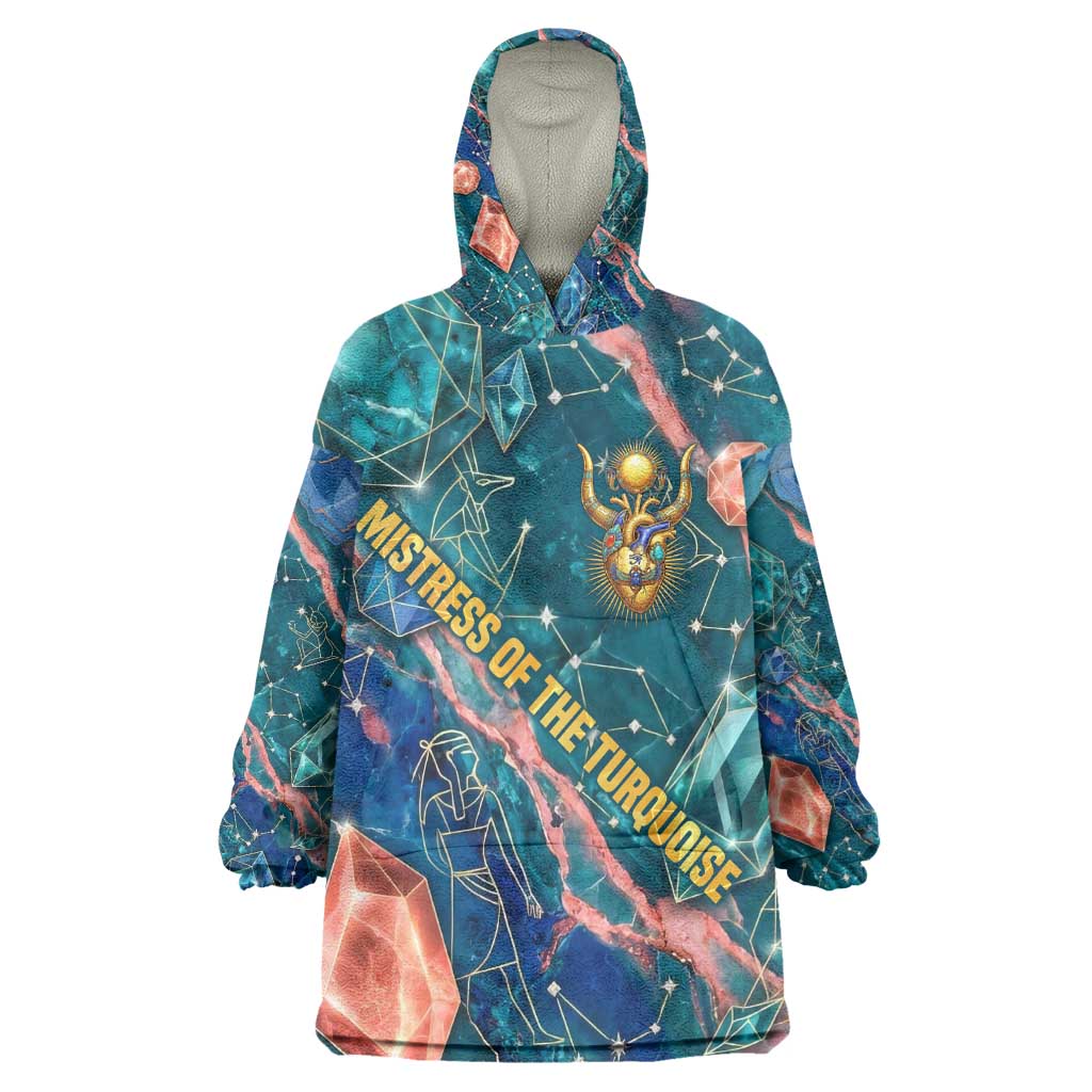 Hathor Golden Sacred Heart Egyptian Kid Wearable Blanket Hoodie with Gemstone Pattern in Turquoise Theme