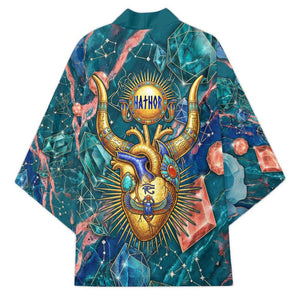 Hathor Golden Sacred Heart Egyptian Kimono with Gemstone Pattern in Turquoise Theme