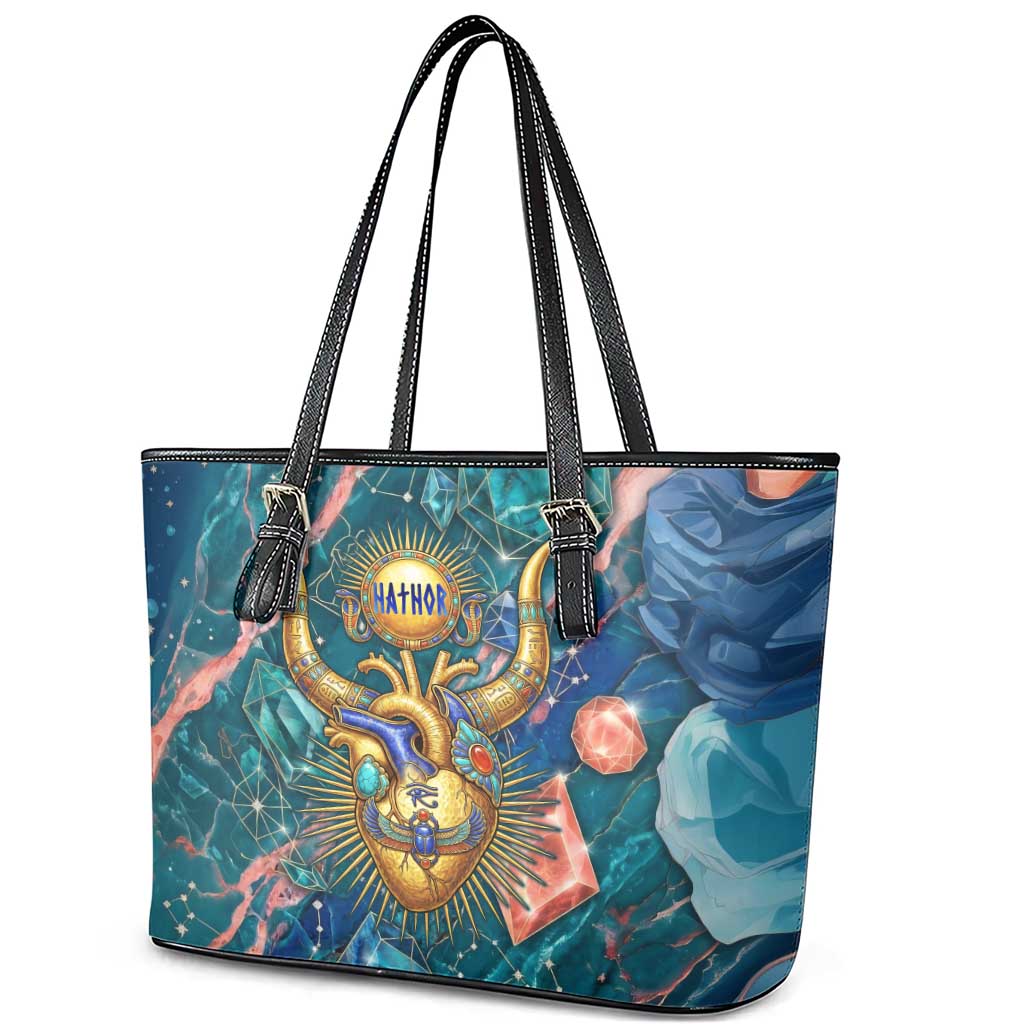 Hathor Golden Sacred Heart Egyptian Leather Tote Bag with Gemstone Pattern in Turquoise Theme