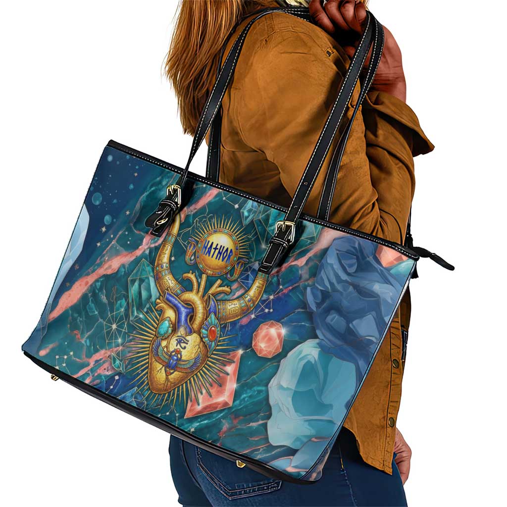 Hathor Golden Sacred Heart Egyptian Leather Tote Bag with Gemstone Pattern in Turquoise Theme