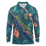 Hathor Golden Sacred Heart Egyptian Long Sleeve Polo Shirt with Gemstone Pattern in Turquoise Theme