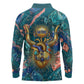Hathor Golden Sacred Heart Egyptian Long Sleeve Polo Shirt with Gemstone Pattern in Turquoise Theme
