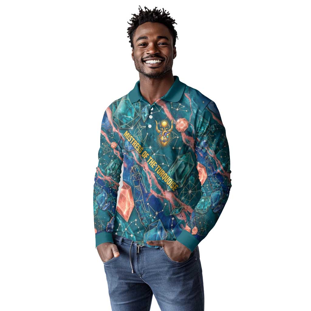 Hathor Golden Sacred Heart Egyptian Long Sleeve Polo Shirt with Gemstone Pattern in Turquoise Theme